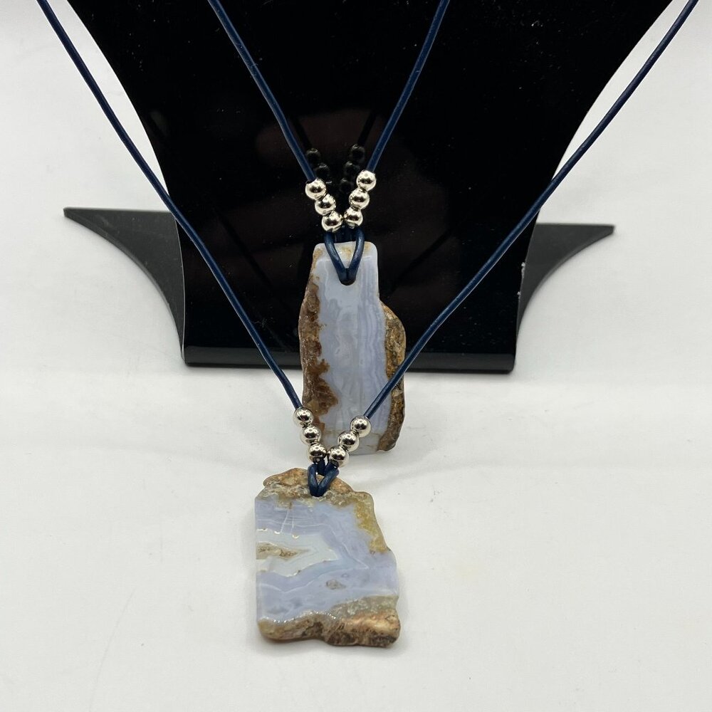 Blue Lace Agate Raw Edge Pendant Necklace Pearl Closure on Leather Cord Gift Box
